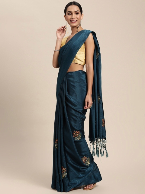 

HRITIKA Teal & Red Floral Embroidered Saree