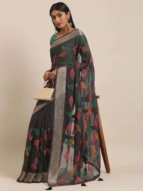 

HRITIKA Grey Floral Embroidered Saree