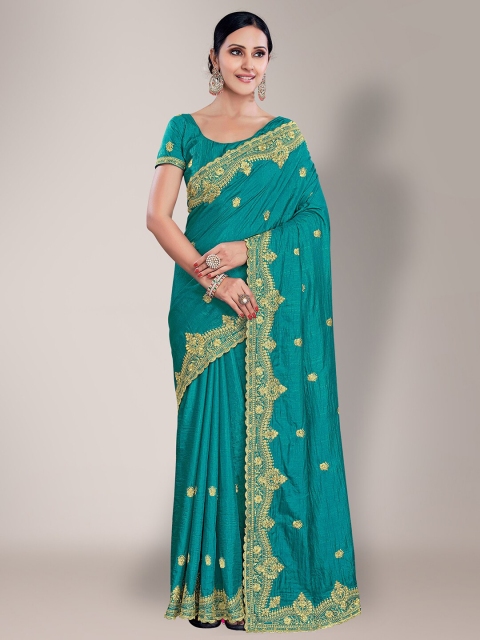 

HRITIKA Teal & Gold-Toned Ethnic Motifs Silk Blend Saree