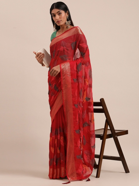 

HRITIKA Red & Green Floral Embroidered Saree