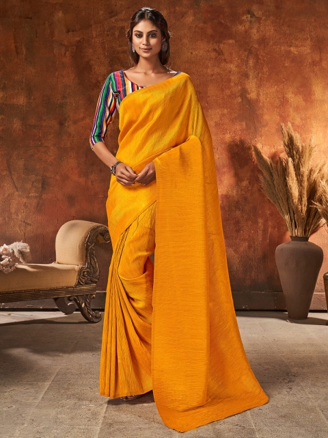 

HRITIKA Women Yellow Rangoli Silk Pleated Crush Blend Saree