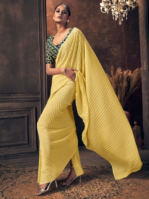 

HRITIKA Women Yellow Rangoli Silk Blend Pleated Crush Saree