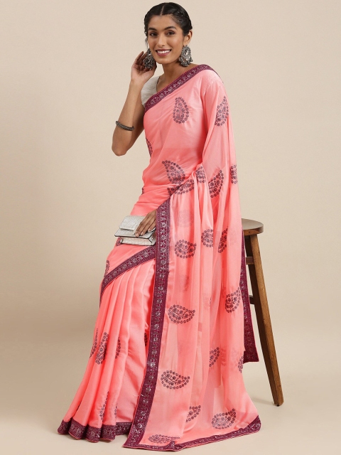 

HRITIKA Pink & Burgundy Ethnic Motifs Beads and Stones Saree