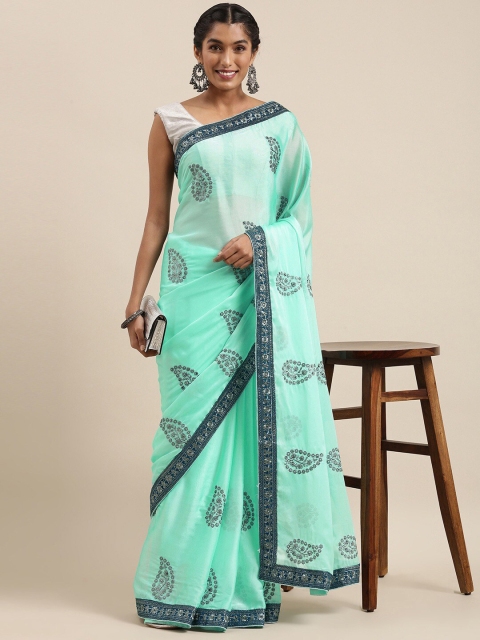 

HRITIKA Green & Blue Ethnic Motifs Beads and Stones Saree