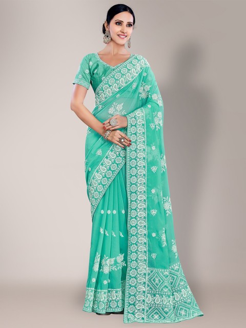 

HRITIKA Green & White Floral Chikankari Saree