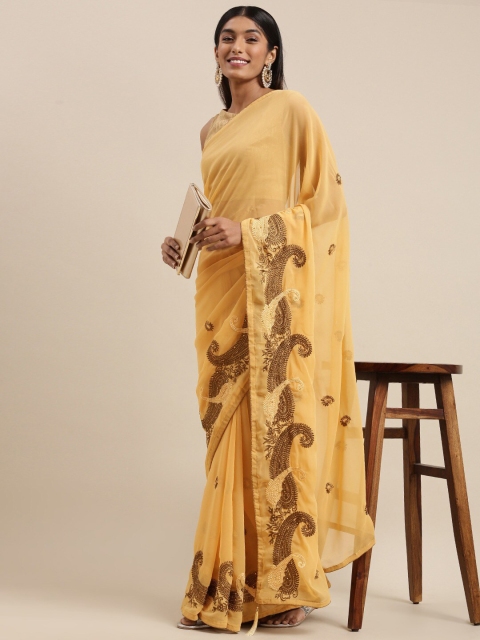 

HRITIKA Mustard & Gold-Toned Paisley Motif Beads and Stones Embellished Georgette Saree