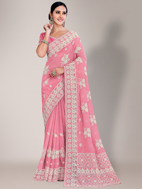 

HRITIKA Women Pink Georgette Floral Chikankari Saree