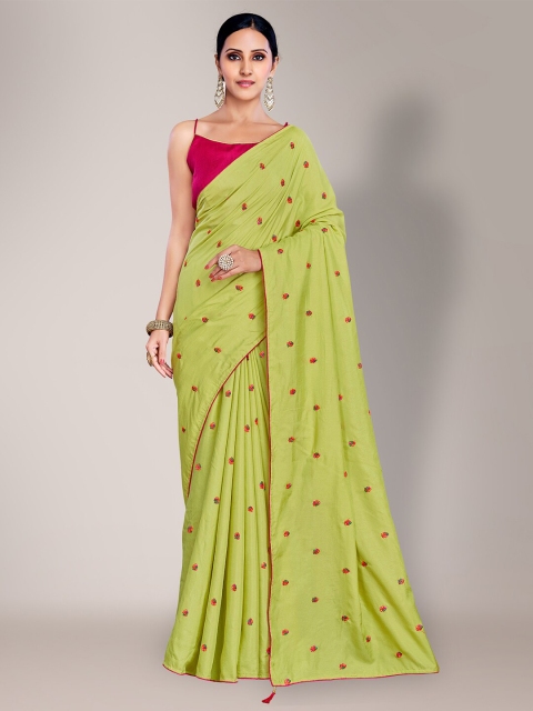 

HRITIKA Green & Pink Floral Embroidered Silk Blend Saree