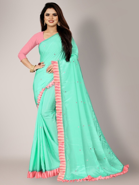 

HRITIKA Sea Green & Pink Embellished Mirror Work Pure Chiffon Saree