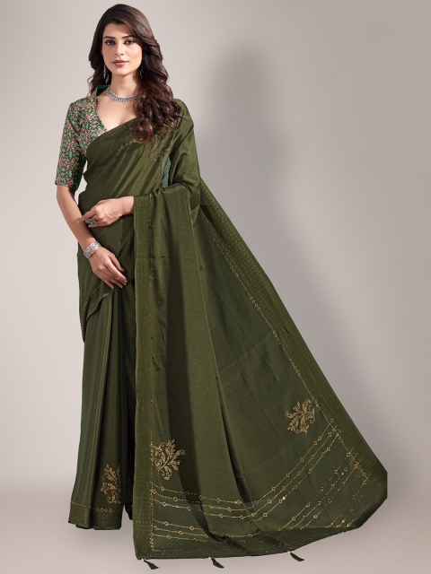 

HRITIKA Olive Green & Gold-Toned Embellished Beads and Stones Saree