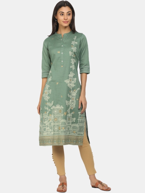 

V-Mart Women's Green Ethnic Printed Cotton Band Neck Kurta