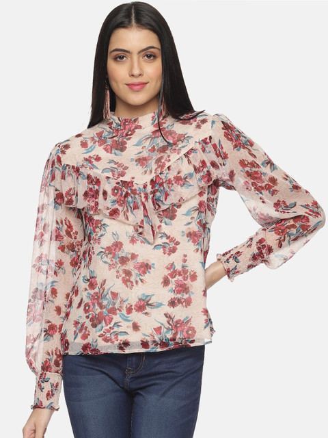 

ISU Off White Floral Print Chiffon Top With Ruffle Detail