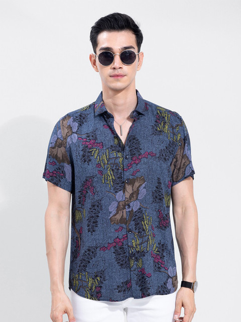 

Snitch Men Blue Slim Fit Floral Printed Spread Collar Casual Shirt