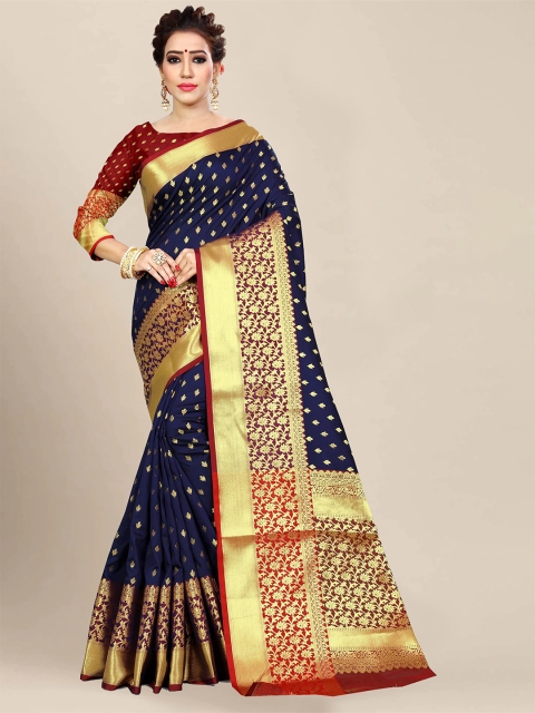 

VAIVIDHYAM Navy Blue & Red Floral Zari Silk Cotton Banarasi Saree