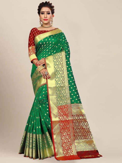 

VAIVIDHYAM Green & Red Silk Cotton Woven Design Zari Banarasi Saree