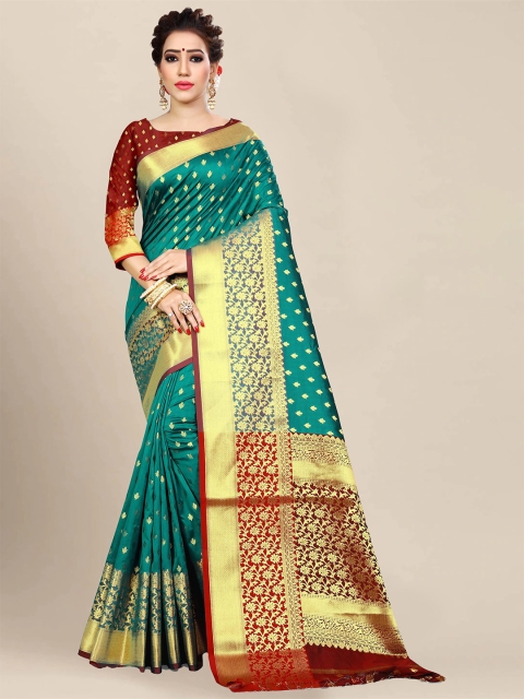 

VAIVIDHYAM Sea Green & Red Floral Zari Silk Cotton Banarasi Saree
