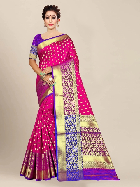 

VAIVIDHYAM Women Pink & Blue Silk Cotton Woven Design Zari Banarasi Saree