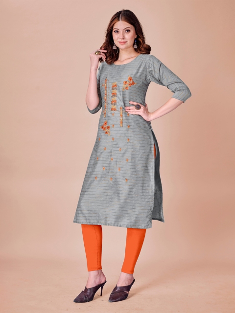 

Fashion FRICKS Grey Ethnic Motifs Embroidered Pure Cotton Kurti