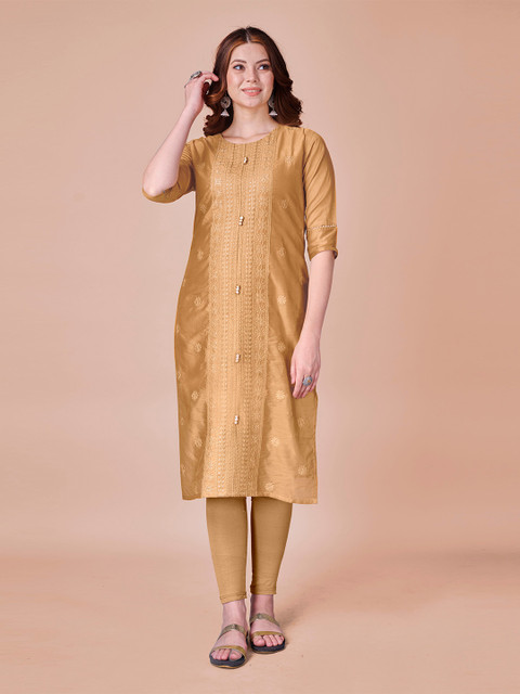 

Fashion FRICKS Women Gold-Toned Ethnic Motifs Embroidered Kurta