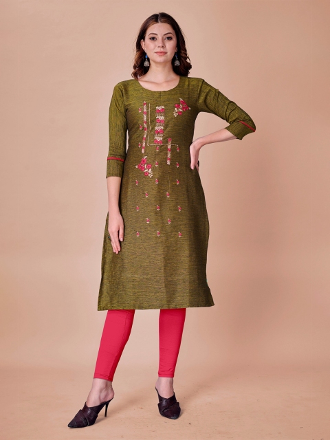 

Fashion FRICKS Women Green & Pink Floral Embroidered Thread Work Kurta