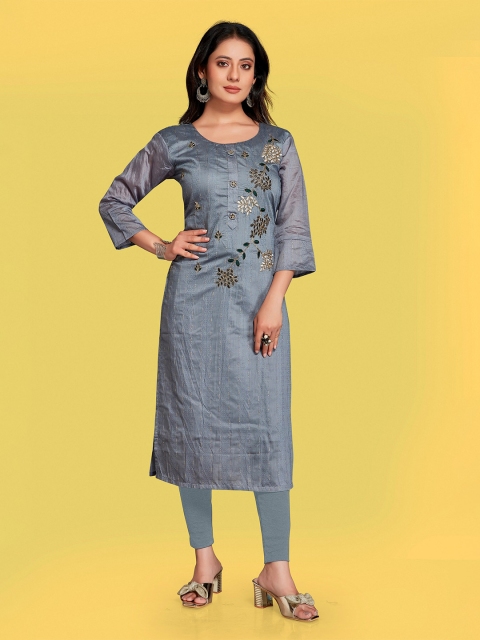 

Fashion FRICKS Women Grey & Gold-Toned Floral Embroidered Floral Kurta