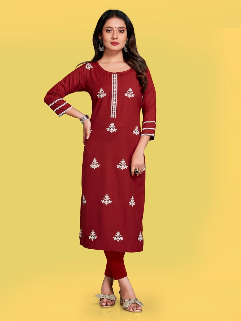 

Fashion FRICKS Women Red & White Floral Embroidered Straight Kurta