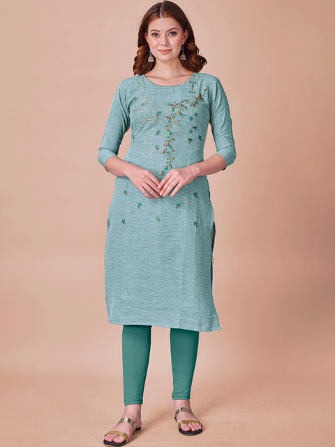 

Fashion FRICKS Women Turquoise Blue & Green Floral Embroidered Kurta