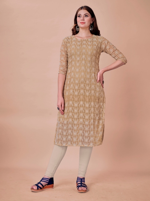 

Fashion FRICKS Women Beige Floral Embroidered Thread Work Kurta