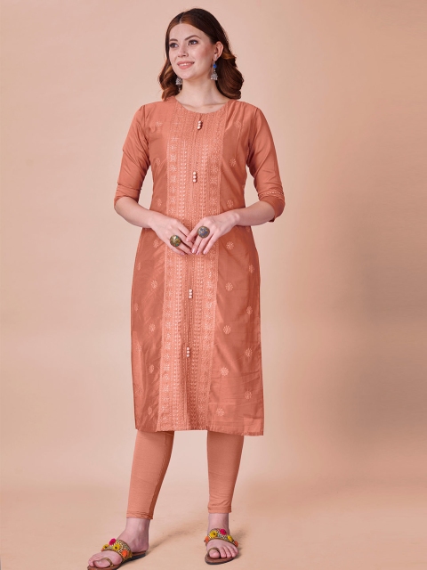 

Fashion FRICKS Orange Floral Embroidered Thread Work Kurta