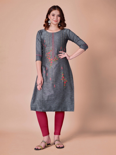 

Fashion FRICKS Women Grey Floral Embroidered Kurta