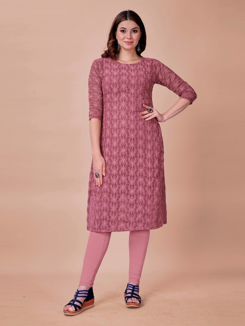 

Fashion FRICKS Women Pink Ethnic Motifs Embroidered Straight Kurta