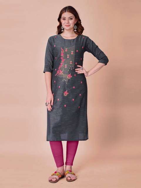

Fashion FRICKS Women Grey & Pink Embroidered Pure Cotton Kurta