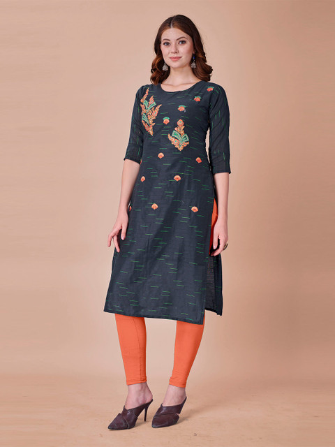 

Fashion FRICKS Women Navy Blue & Orange Floral Embroidered Floral Kurta