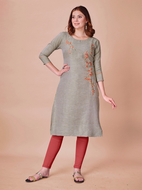 

Fashion FRICKS Women Grey & Orange Floral Embroidered Kurta