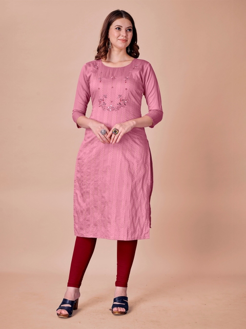 

Fashion FRICKS Women Pink Floral Embroidered Thread Work Floral Kurta