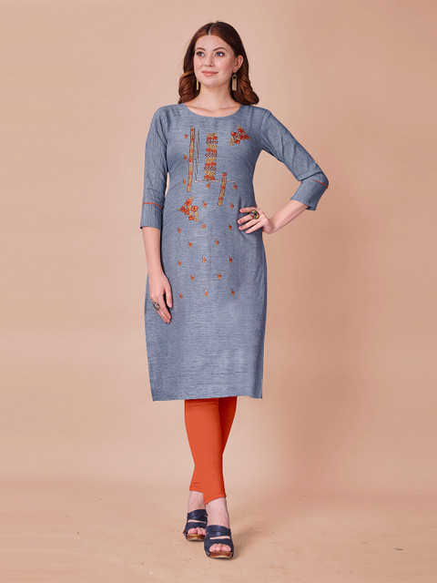 

Fashion FRICKS Women Blue & Orange Embroidered Straight Kurta