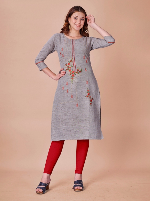 

Fashion FRICKS Women Grey & Red Floral Embroidered Thread Work Floral Kurta