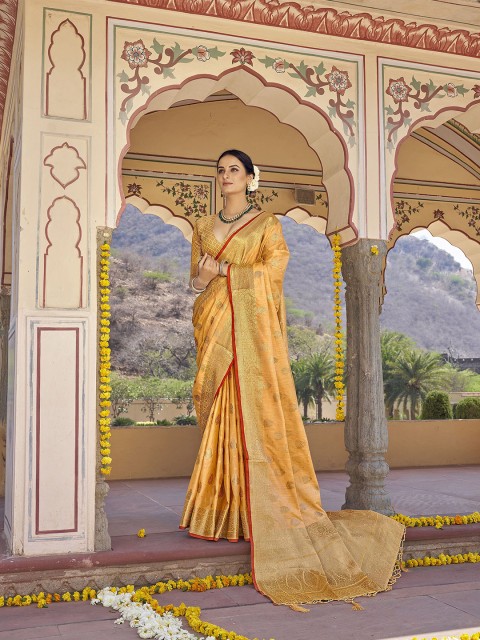 

Elora Orange & Gold-Toned Woven Design Zari Silk Blend Banarasi Saree