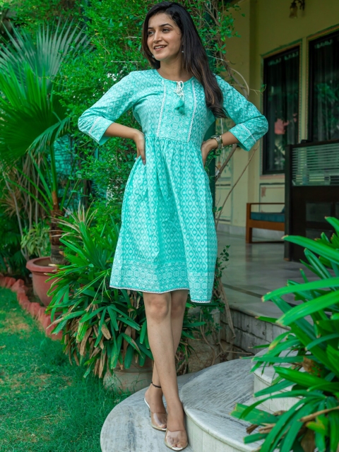 

ETHNIC STREET Sea Green & White Organic Cotton Printed Tunic