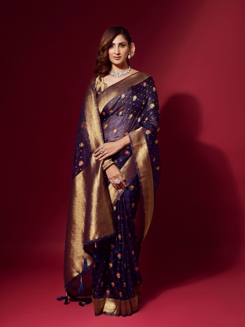 

elora Navy Blue & Gold-Toned Woven Design Zari Organza Bhagalpuri Saree