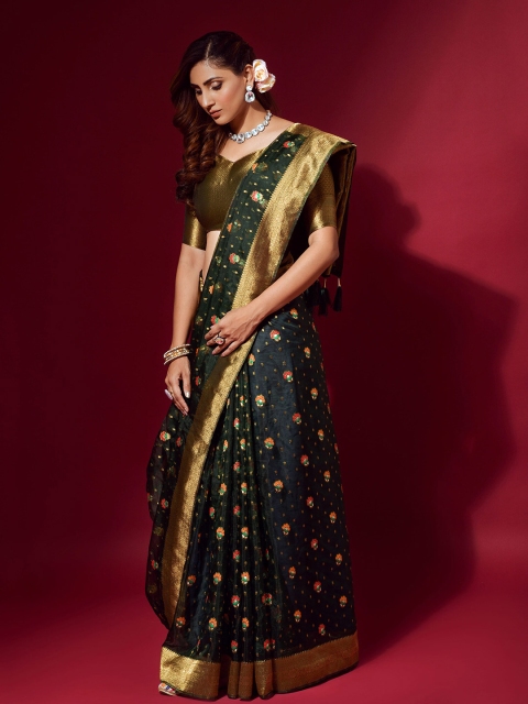 

elora Black & Gold-Toned Woven Design Zari Organza Bhagalpuri Saree