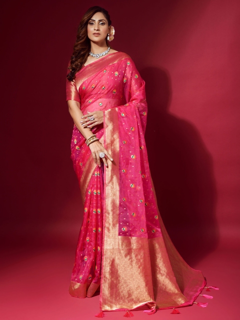 

elora Pink & Gold-Toned Woven Design Zari Organza Bhagalpuri Saree