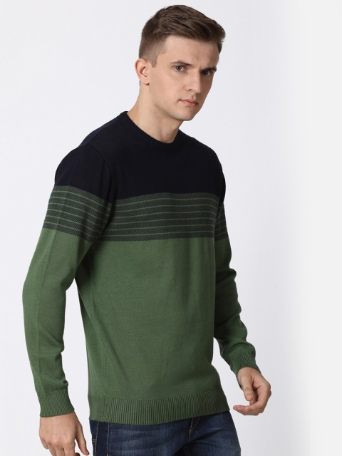 

t-base Men Green & Black Colourblocked Striped Pullover