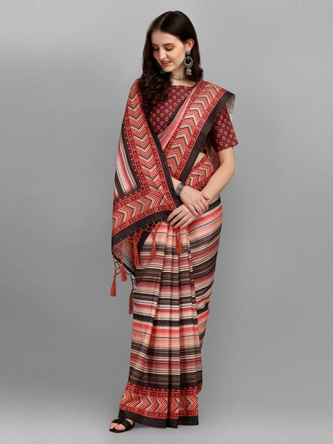 

Fashion Basket Red Striped Silk Blend Saree
