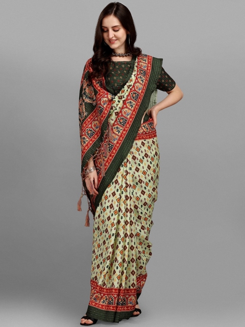 

Fashion Basket Green & Red Ethnic Motifs Silk Blend Saree