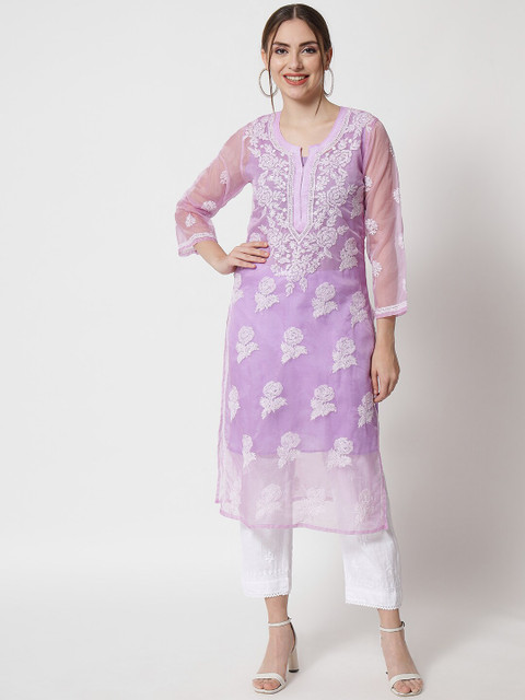 

PARAMOUNT CHIKAN Women Mauve Hand Embroidered Chikankari Organza Kurta