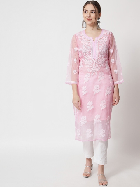 

PARAMOUNT CHIKAN Women Pink Hand Embroidered Chikankari Organza Kurta
