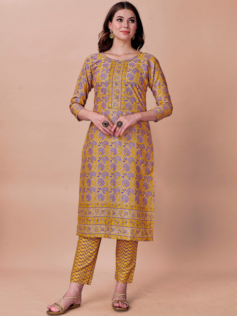 

Fashion FRICKS Women Gold-Toned Floral Printed Angrakha Pure Cotton Kurti with Trousers