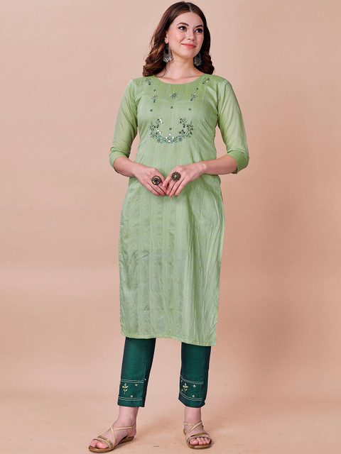 

Fashion FRICKS Women Green Floral Embroidered Kurta with Trousers