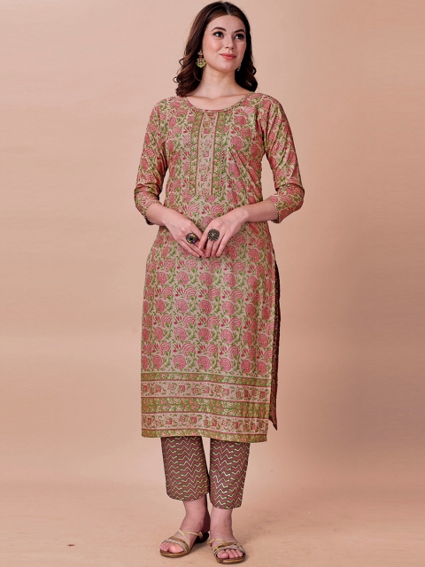 

Fashion FRICKS Women Gold-Toned Pure Cotton Floral Print Kurti with Trousers